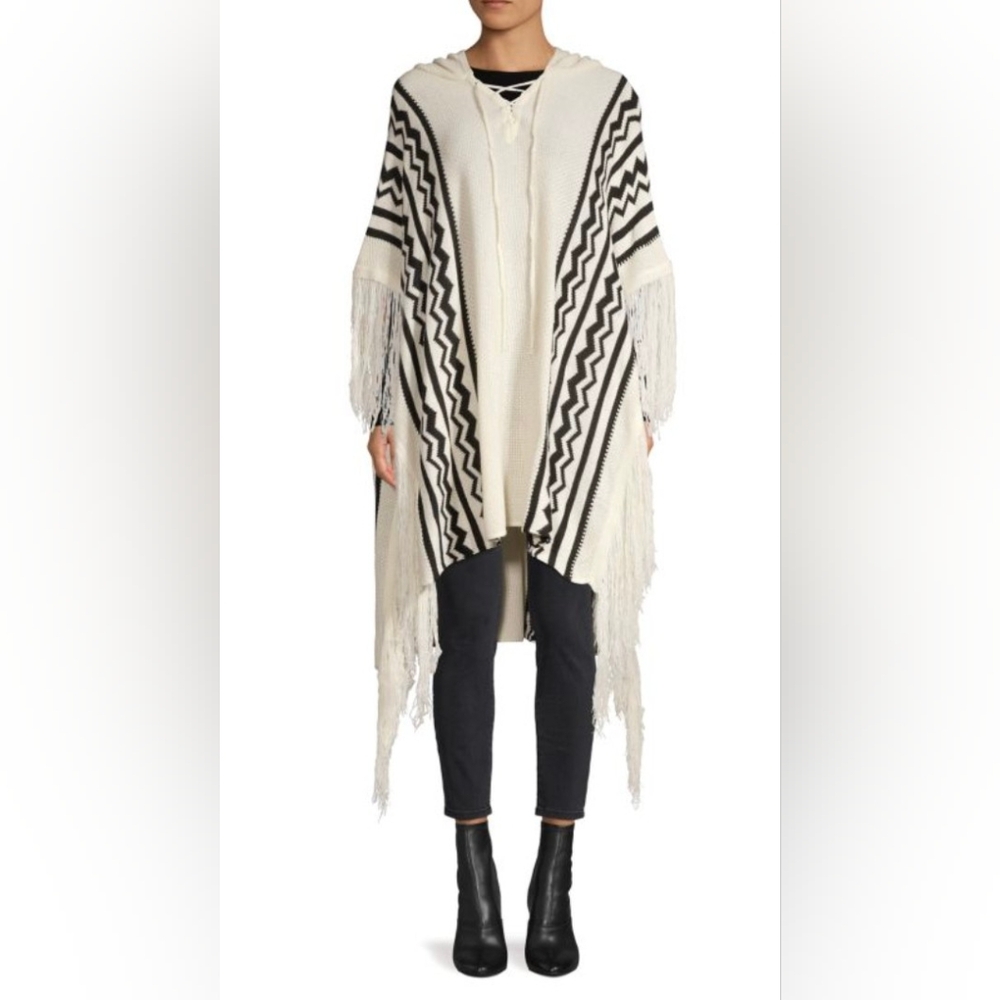 Lucca Fringed Lace Up Hooded Sweater Poncho Aztec Western Boho Print Medium